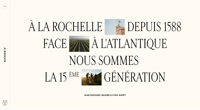 A screenshot of cognacgodet.com website. It shows big serif text with images between words.